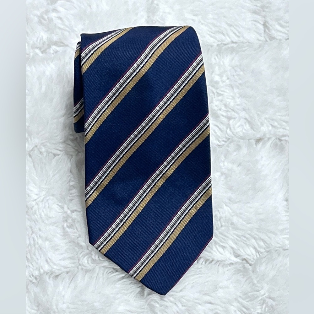 Atkinsons Silk Poplin Navy Gold White Stripe‎ Neck Tie 100% Silk Made in Ireland